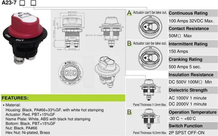 Actual product image SCI A23-7B Car battery switch A23-7B 32 V/DC 100 A 1 x off/on latching 1 pc.
