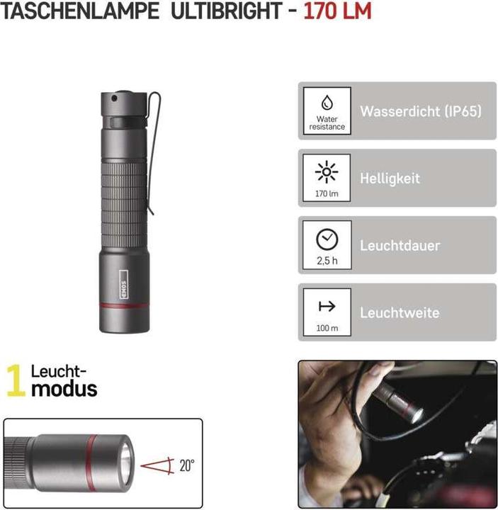 Actual product image Emos CREE LED Metal Flashligh Ultibright 60, 170lm, 1xAA (10.10 cm, 170 lm)