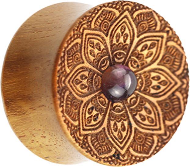 Produktbild Star Piercing Flared Plug Mandala Blume mit Amethyst Stein aus Teakholz (Organisch, Mineralisch, ohne Messing)