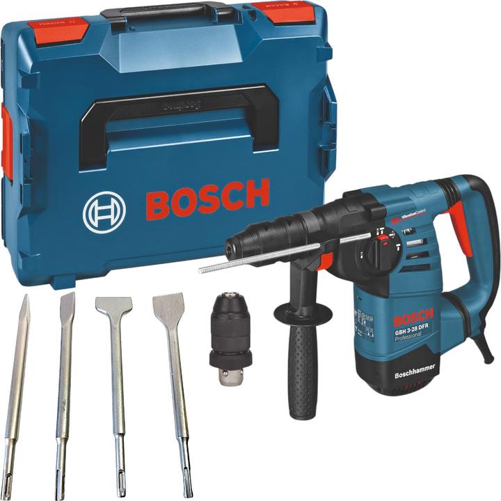 1x Bosch Tiefenanschlag 210 mm (1613001010), 1x Bosch Zusatzhandgriff (2602025191), 1x Schnellspannbohrfutter 13 mm (2608572212), 1x Wechselfutter SDS-Plus (2608572213), 1x Einhell 4 tlg. Meissel Set (49247205): 1x Spitzmeissel 14 mm, 1x Spatmeissel 40 mm, 1x Fliesenmeissel 50 mm, 1x Flachmeissel 20 mm, 1x Bosch GBH 3-28 DFR Bohrhammer, 1x Bosch L-Boxx Gr. 2