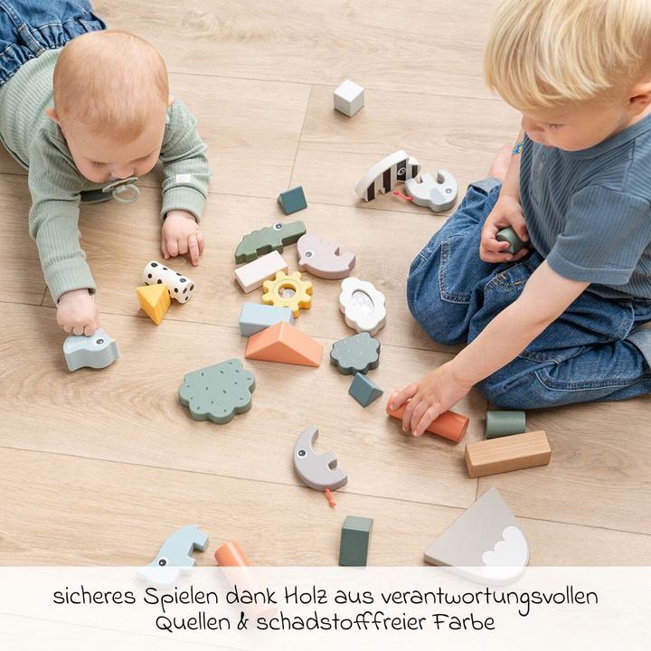 Produktbild Done by Deer Stapeltürme & Steckspiele Holzbausteine 34 Stück mit Spiegel, Rassel
