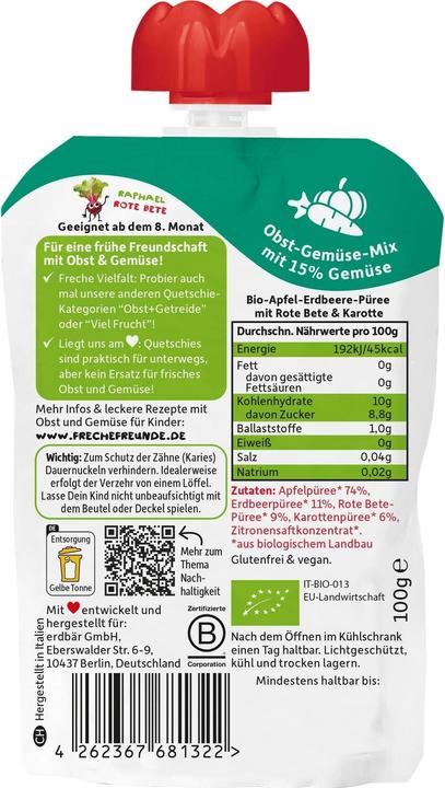 Nährwerte und Zutaten Freche Freunde Quetschbeutel Apfel, Erdbeere, Rote Beete & Karotte 100 g (100 g)