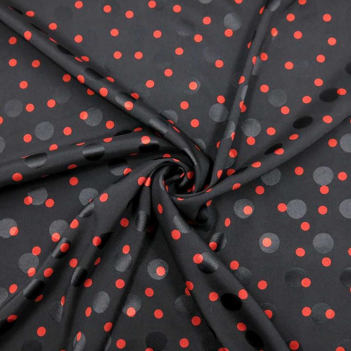 Immagine prodotto Stoffrestposten Raso Jacquard Stretch - Pois neri e rossi - Quantità minima di vendita: 1 metro