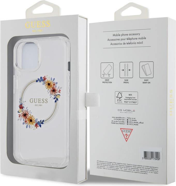 Actual product image Guess GUHMP15SHFWFCT iPhone 15 / 14 / 13 6.1" transparent hardcase IML Flowers Wreatch MagSafe (Apple iPhone 15)
