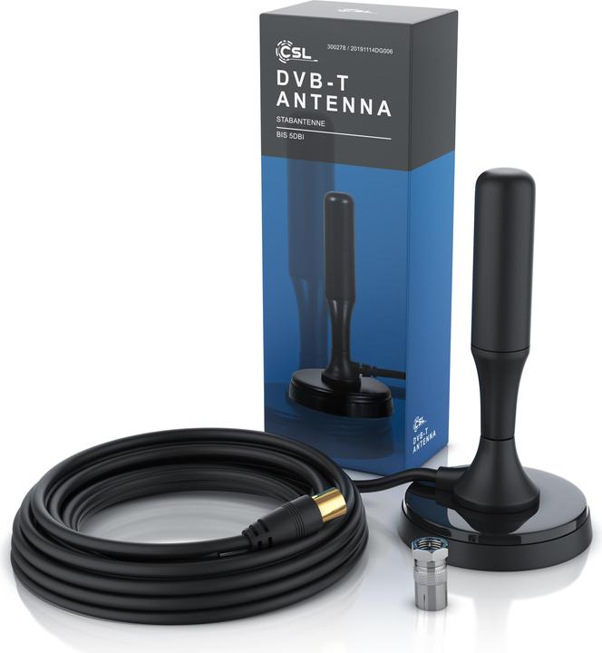 Immagine prodotto CSL Antenna a stilo DVB-T2 per uso interno, antenna digitale con cavo da 4 m / adattatore F-plug incluso (Antenna a stilo, 5 dB, DVB-T / -T2)