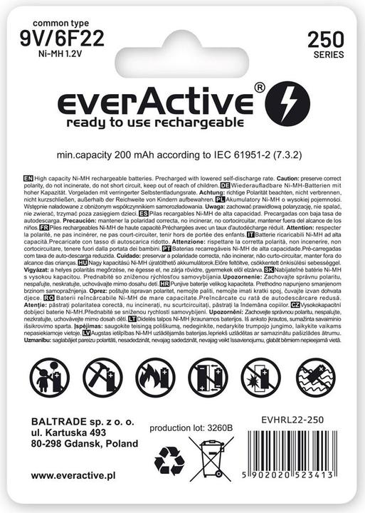 Actual product image Everactive Rechargeable 6F22 9V 250 mAh (1 pcs., 9V Block, 200 mAh)