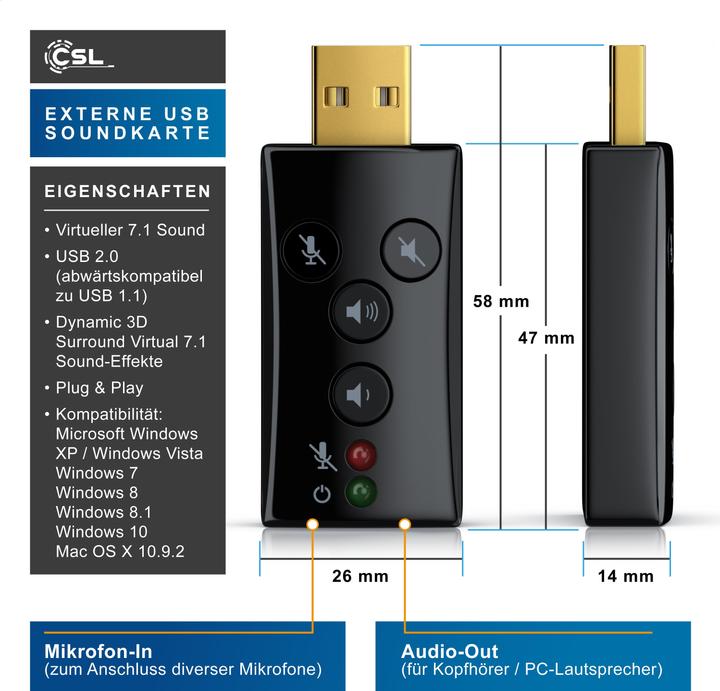 Actual product image CSL USB sound card Virtual 7.1 Surround Sound, external, function buttons, Dynamic 3D, black (USB 2.0)