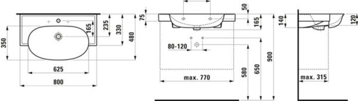 Image du produit Laufen The New Classic lavabo, encastré, avec trop-plein, 1 trou pour robinet, 800x480mm, H813855 (420 mm, 800 mm)