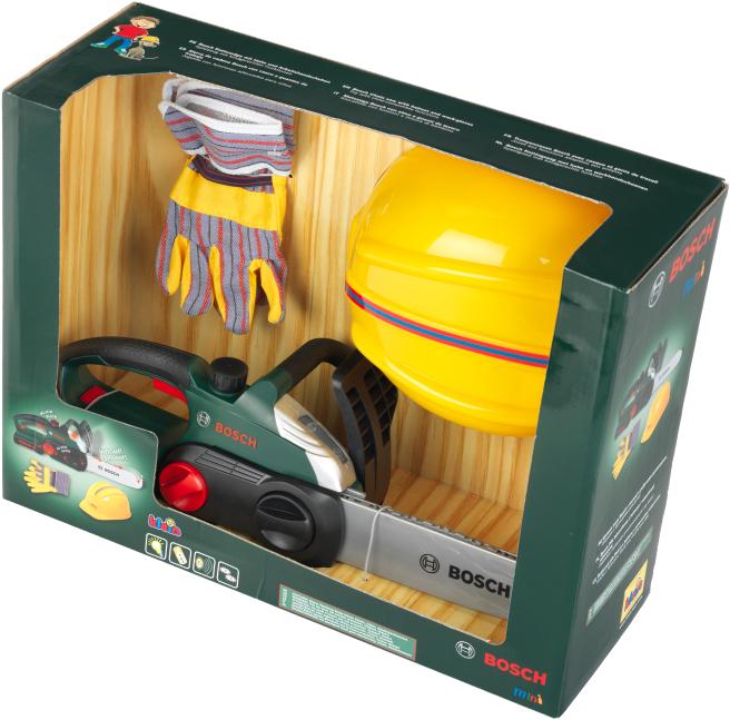 Actual product image Theo Klein Bosch chain saw with helmet