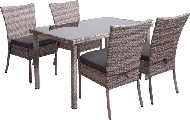 Produktbild Swisshandel24 Poly-Rattan Garnitur, Sitzgruppe Balkon-/Lounge-Set, 4xStuhl+Tisch, 120x75cm - grau, Kissen dunkelgr (120 cm)