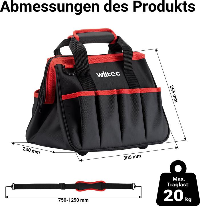 Produktbild Wiltec Werkzeugtasche 30,5x23x25,5cm Arbeitstasche 9 Fächer Werkzeug Tasche Gurt