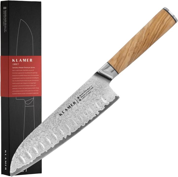 Immagine prodotto KLAMER Santoku Damastmesser Olive 18 cm Kochmesser (18 cm)