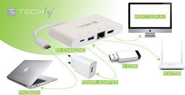 Immagine prodotto Techly Adattatore USB 3.1 tipo C a USB3.0 con connessioni HDMI, RJ45, USB-C (USB-C, 4 Porti)