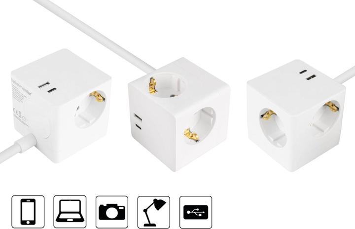 Actual product image Kabelmeister Socket cube 3-way USB-C USB-A, white, 2m (2 x, USB-A, USB-C, 2 m)