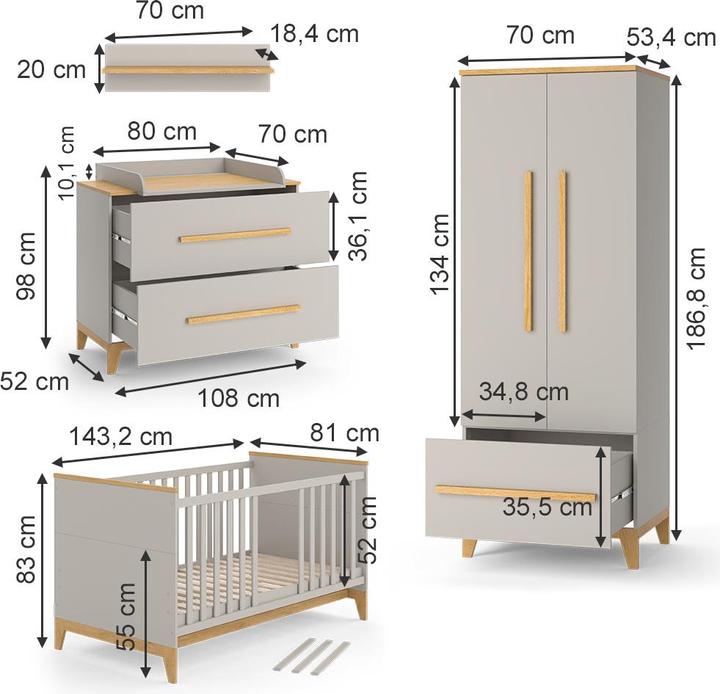 Produktbild VitaliSpa Kinderzimmer-Set Malia, Cashmere-Eiche, 5 Teile (Babybett, Kinderkleiderschrank, Wickelkommode)