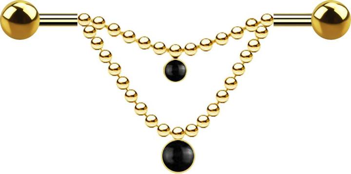 Actual product image Star Piercing Barbell gold-plated two balls two chains onyx stone (Surgical steel 316L, Mineral, without brass)