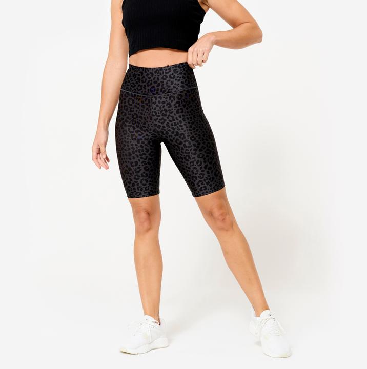 Domyos Shorts Radlerhose Damen dehnbar - Leopardenprint dunkelgrau