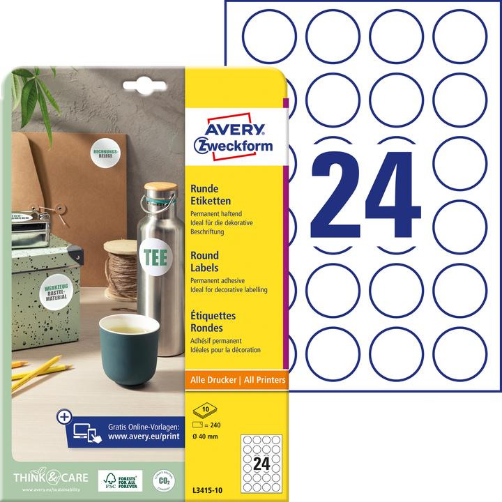 Avery 240 Zweckform Etiketten L3415-10 weiss 40.0 x 40.0 mm