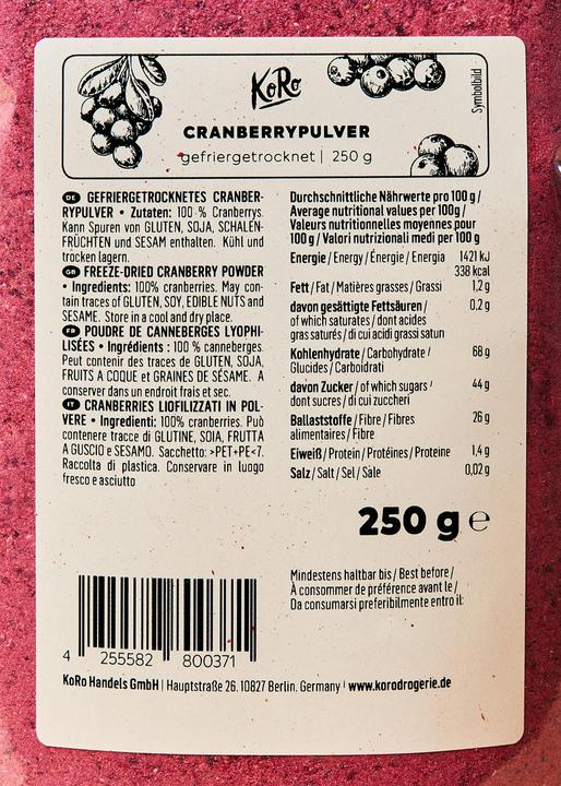 Nutritional values and ingredients KoRo Freeze-dried cranberry powder (250 g)