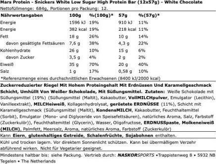 Valori nutrizionali e ingredienti Snickers Barretta Hi Protein Low Sugar (Cioccolato bianco, 12 pz., 570 g)