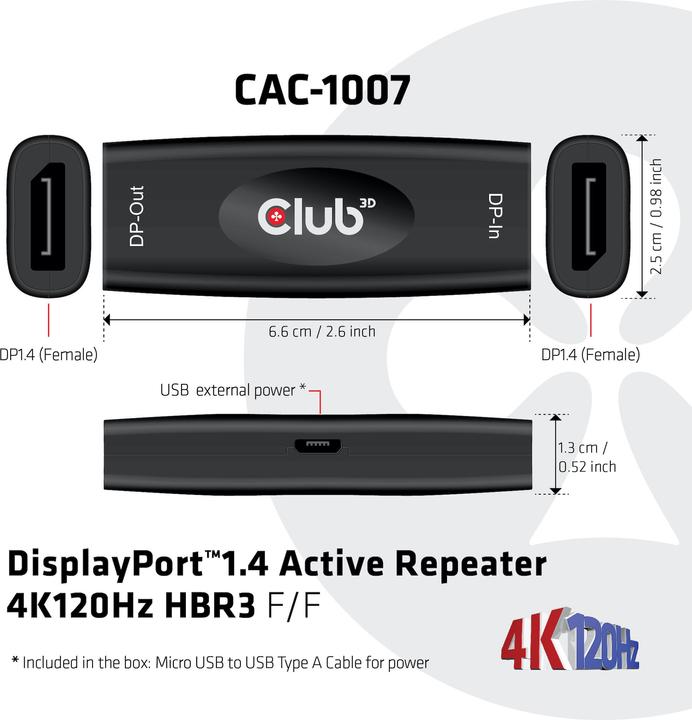 Produktbild Club 3D DisplayPort 1.4 Active Repeater (USB 2.0, 2.50 cm)
