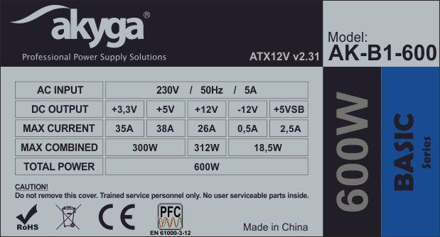 Immagine prodotto Akyga Alimentatore ATX di base 600W AK-B1-600 Fan12cm P4 3xSATA PCI-E (600 W)