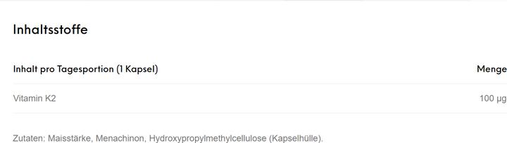 Nährwerte und Zutaten Tasnim Vitamin K2 ESL – Menachinon – 60 Kapseln (60 Stück, Kapseln, 16 g)