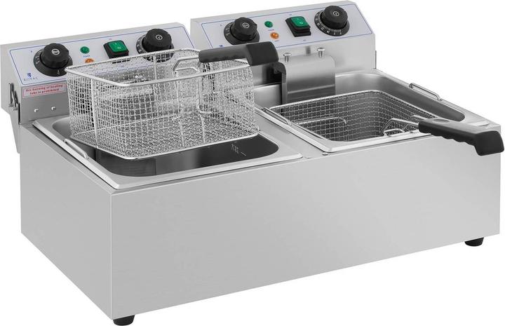 Produktbild Royal Catering Fritteuse Edelstahl Gastronomie Elektro Fritteuse 2x10 L Kaltzone 2x3200 W Timer (EU-Stecker)