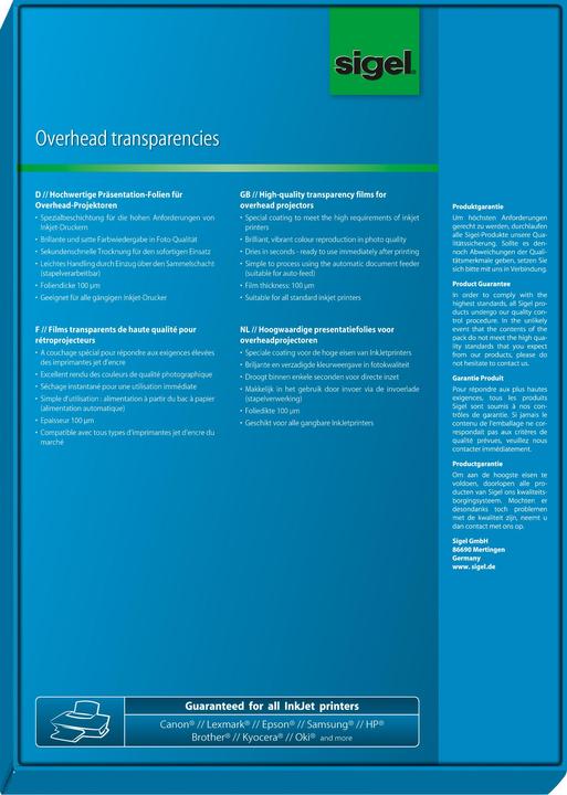 Actual product image Sigel Inkjet overhead transparencies (100 g/m², 50 x)