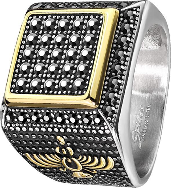 Image du produit Star Piercing Bague argentée cristaux noirs et bordure dorée (Acier chirurgical 316L, sans laiton)