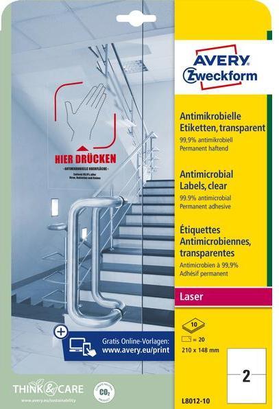 Actual product image Avery AVZ L8012-10 Antimicrobial labels 210x148mm transparent