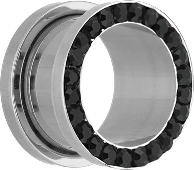 Star Piercing Flesh Tunnel silber mit Kristall schwarz (Chirurgenstahl 316L)