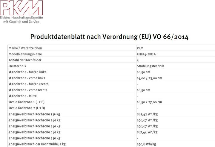 Nährwerte und Zutaten PKM KHKF4-2KB G Kochfeld autark Einbau 60cm Glaskeramik Bräterzone