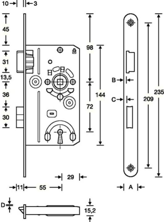 Actual product image SSF Room door mortice lock BB 20/ 55/72/8 mm DIN right silver rounded class 1 plastic (Mortise lock)