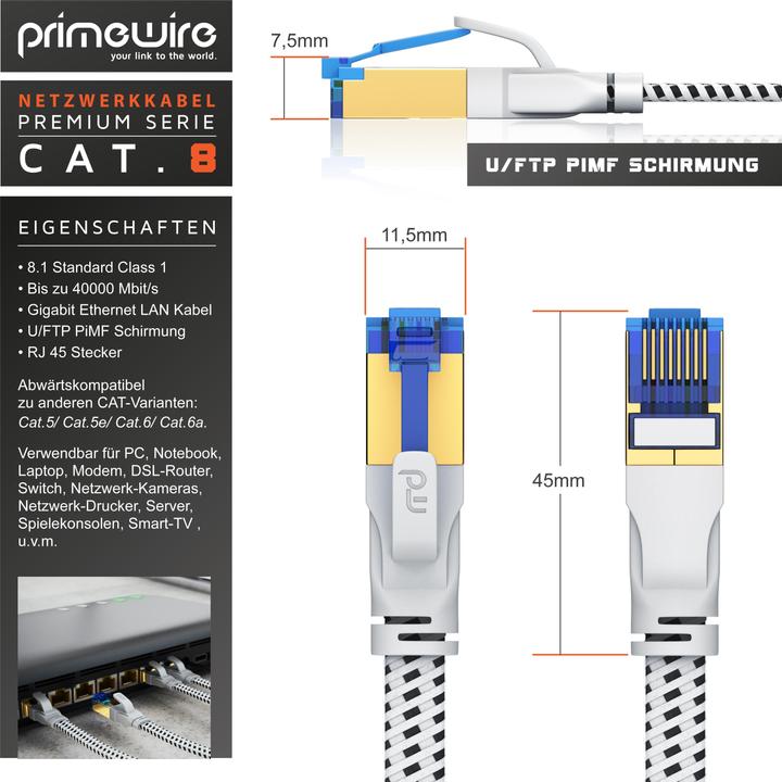 Produktbild Primewire CAT 8 Netzwerkkabel Flach Baumwollmantel - LAN Patchkabel Datenkabel - Flachbandkabel - Verlegekabel (U/FTP, CAT8.1, 0.50 m)