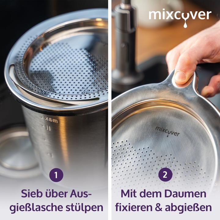 Produktbild Mixcover Edelstahl Sieb Abgiess-Hilfe Wiegeteller Spritzschutz für Thermomix TM6 und TM5