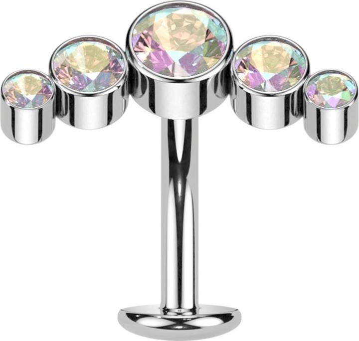 Star Piercing Threadless Labret-Stab Banane silber fünf Kristalle multicolor (Titan G23)