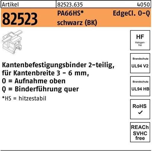 Produktbild HellermannTyton Befestigungsbinder R 82523 m.Edgeclip 4,6 x 150/35 PA66HS schwarz oben-quer (Befestigungsschlaufen, 150 mm, 500 Stk.)