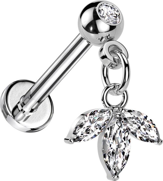 Actual product image Hollywood Body Jewelry Micro Threadless Labret silber mit Kugel mit Kristall silber Anhänger Blatt drei Ovale Kristalle sil (Surgical steel 316L, Brass)