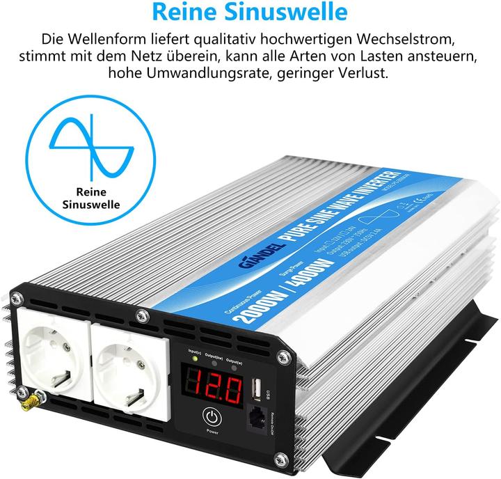 Produktbild Giandel Wechselrichter 12V auf 230V Reiner Sinus 2000W