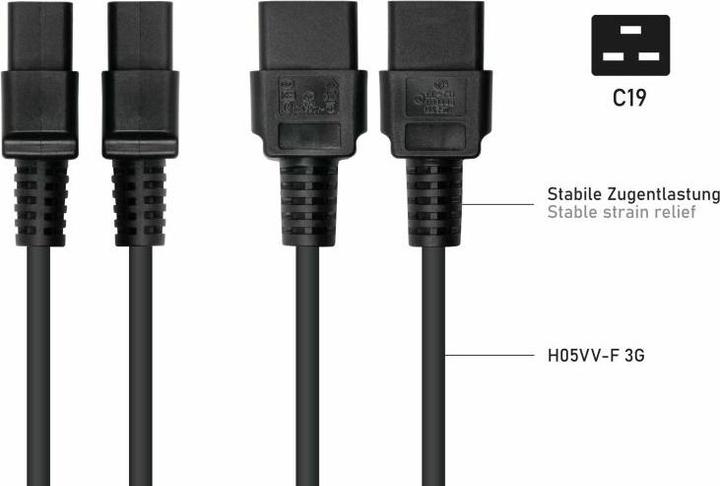 Produktbild Kabelmeister Netzkabel Schutzkontakt-Stecker Typ E+F (90° gew.) an Kaltgeräte-Buchse C19, schwarz (1 m)