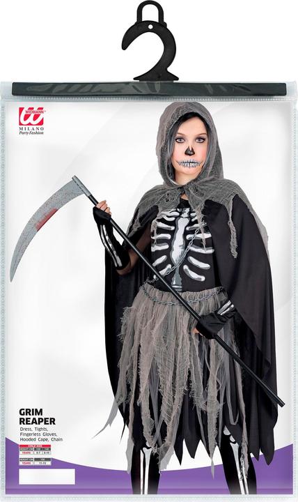 Actual product image Widmann Sensegirl children's costume dress, tights and gloves with bone print, cape with hood, chains (158)