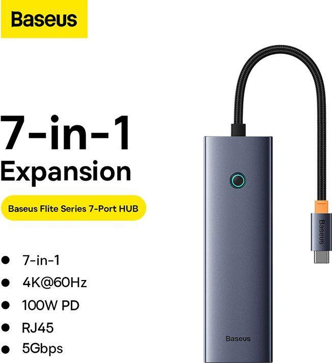 Immagine prodotto Baseus Hub 7w1 UltraJoy a 7 porte (da USB-C a 1xHDMI4K@30Hz + 2xUSB 3.0 + 1xPD +RJ45 + SD/TF3.0) (7 Porti)