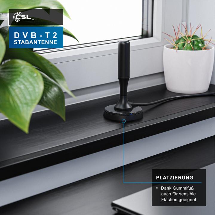 Immagine prodotto CSL Antenna a stilo DVB-T2 per uso interno, antenna digitale con cavo da 4 m / adattatore F-plug incluso (Antenna a stilo, 5 dB, DVB-T / -T2)