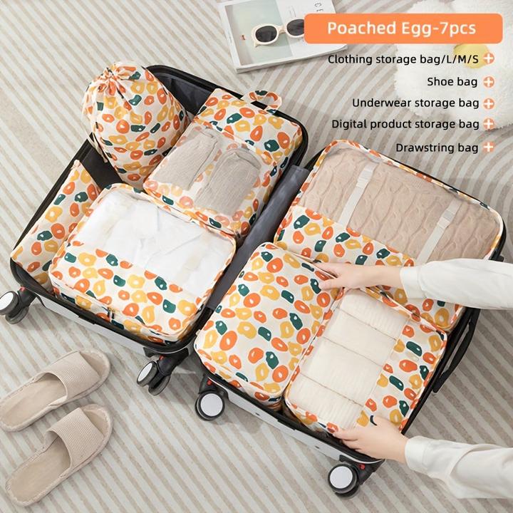 Actual product image Only-Bags.Store 7 pieces travel packing cubes with fruit print, portable mesh garment storage bag