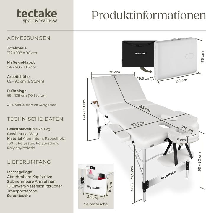 Actual product image tectake Massage Table - 3-zone bed with aluminium frame, head- and armrests, carry bag