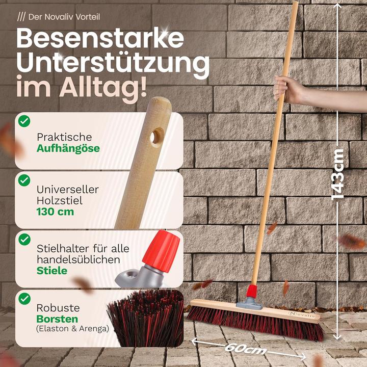 Image du produit Novaliv 2 x Besen mit Holzstiel 60 cm I Arenga-Elaston Kehrbesen Gartenbesen I Industriebesen Strassenbesen (2 pcs)