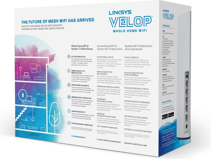 Immagine prodotto Linksys Velop WiFi 6 AX5300 Mesh-WLAN Tri-Band-System 1er-Pack (MX5300)