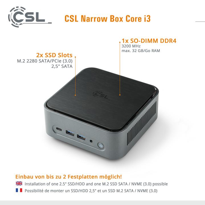 Immagine prodotto CSL Mini PC Narrow Box Core i3 / 16GB / 4000 GB M.2 SSD / Win 11 Home (Intel Core i3-N305, 16 GB, 4000 GB, Grafica Intel UHD)