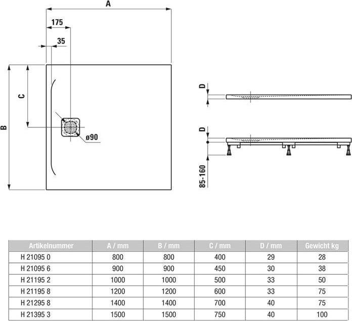 Immagine prodotto Laufen Piatto doccia PRO quadrat. Scarico laterale 1500x1500x40mm bianco ma